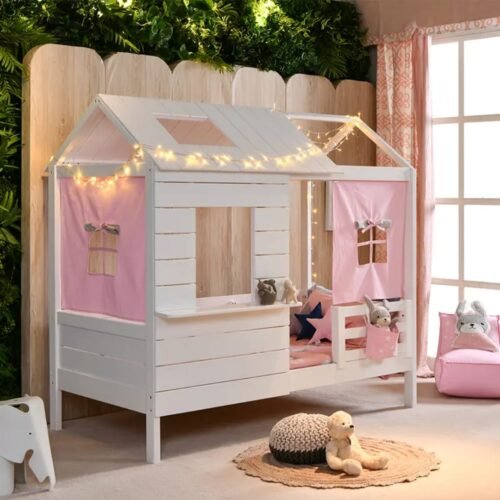 House Frame Wooden Single Bed for Boys and Girls 