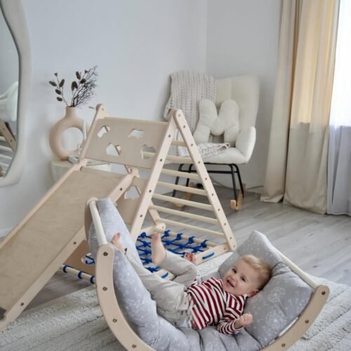 Pikler Triangle Play Gym with Climbing Ramp & Rocker Arch